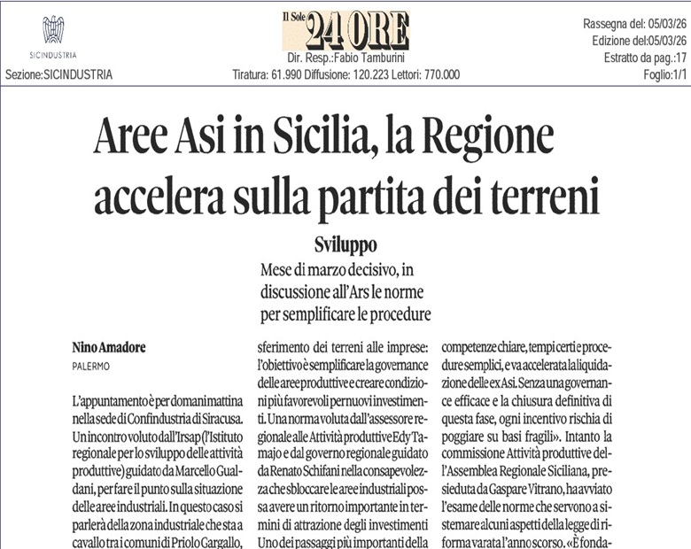 AREE ASI IN SICILIA, LA REGIONE ACCELERA SULLA PARTITA DEI TERRENI - 05/03/2026